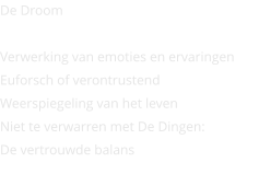 De Droom  Verwerking van emoties en ervaringen Euforsch of verontrustend Weerspiegeling van het leven Niet te verwarren met De Dingen:  De vertrouwde balans